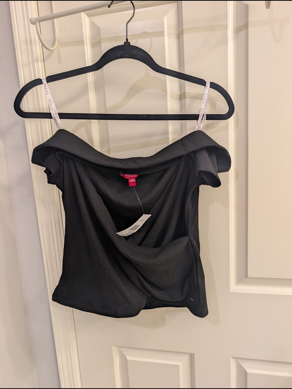 GUESS Black Off-Shoulder Ribbed Top - Picture 2 of 5